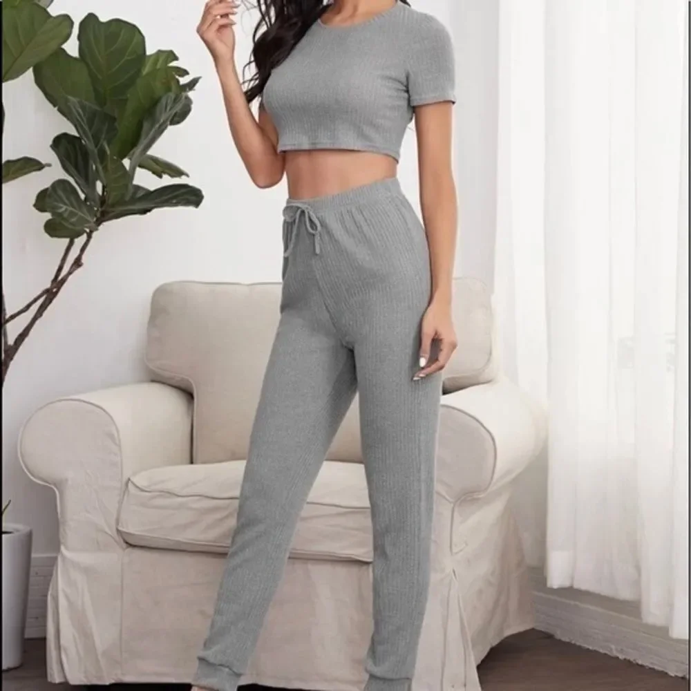 Rib Knit Cropped Top PJ/Lounge Set     - Picture 4 of 4